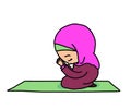 Muslim woman prays on the rug. Cartoon. Vector